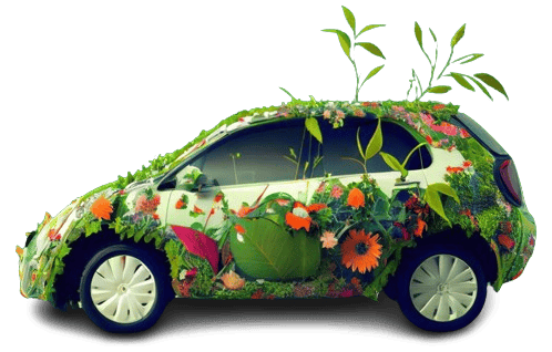 Ein grünes Elektroauto umhüllt von Pflanzen